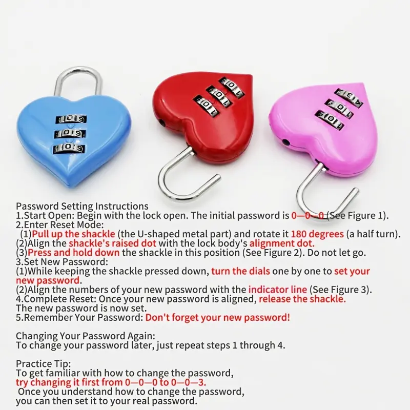 Heart-shaped password lock, heart-shaped wedding love password lock, small lock for car frame, helmet, gym and locker, three-digit password lock, Combination Padlock, zinc alloy material, Padlock, Combination Locks