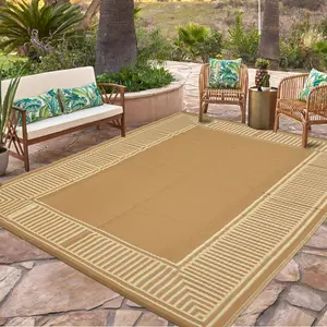 Modern Striped Border Outdoor Rug Patio Rug Double-sided Reversible Plastic Straw Rug UV Resistant Foldable for Patios Picnics Beaches Gardens and Pools
