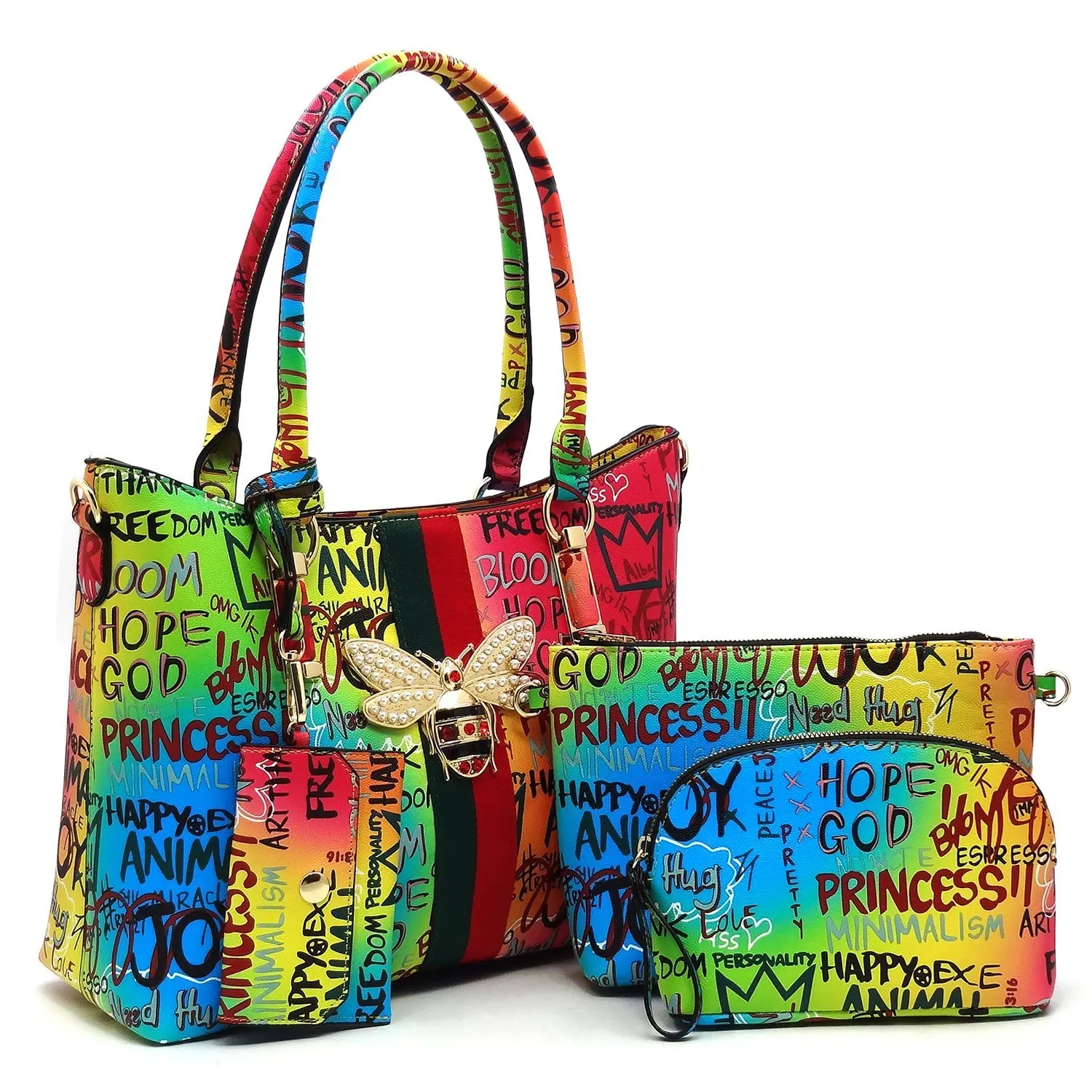 4-in-1 Graffiti Bee Stripe ACCENT Satchel Bag Value Set