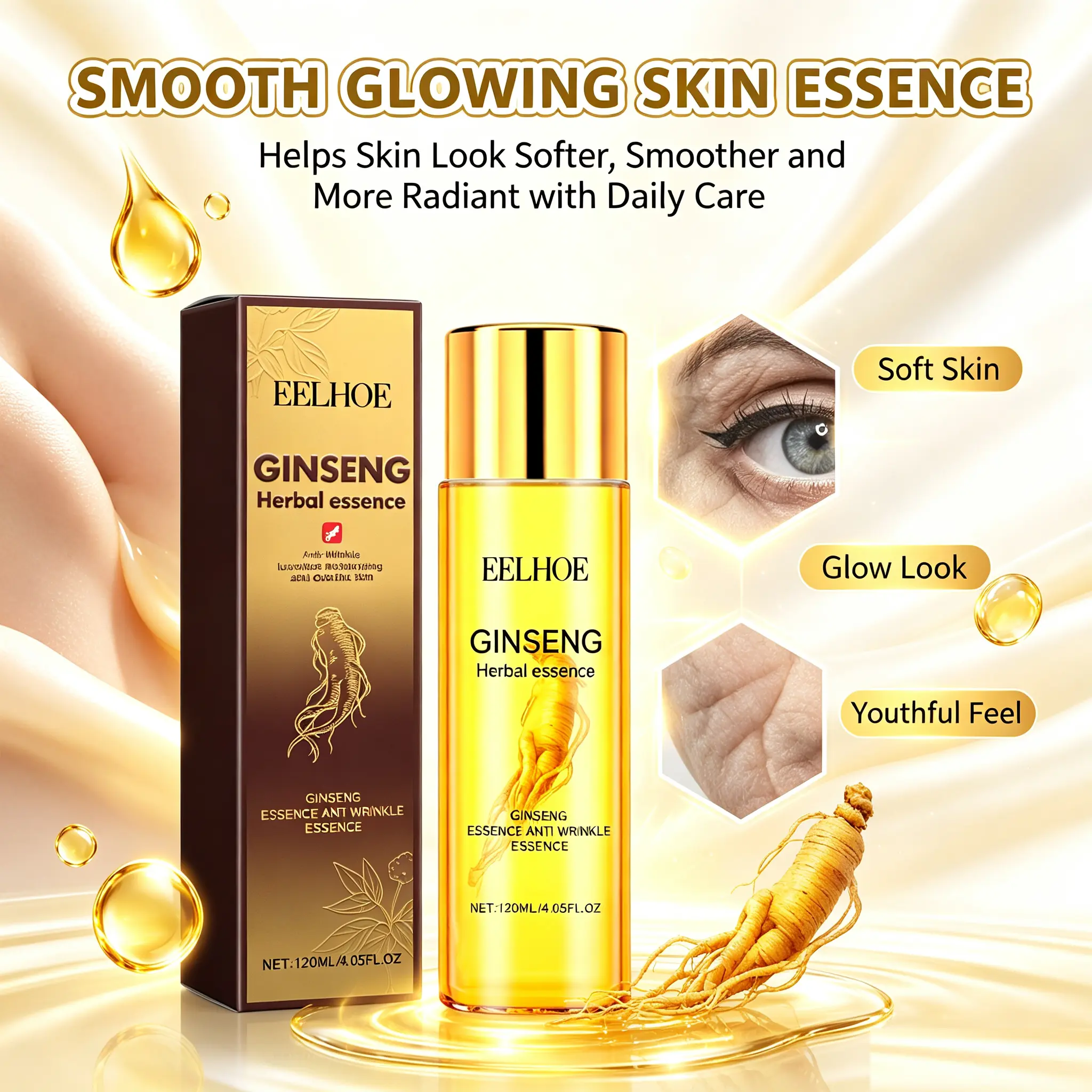 Ginseng Herbal Face Serum, Collagen Blend Rejuvenating Essence for All Skin Types, Daily Apply Moisturizing, Firming, Smoothing & Elasticity-Boosting Skincare Treatment