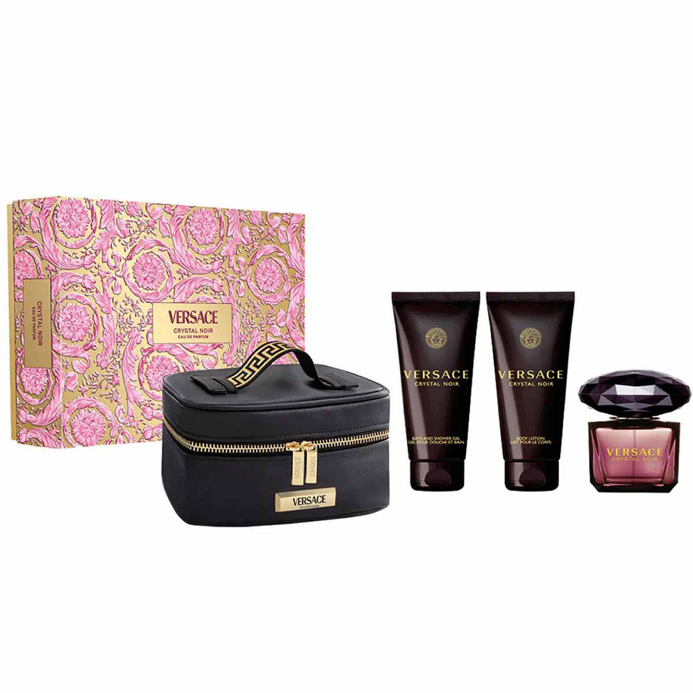 Versace Crystal Noir Perfume Gift Set for Women - Amber Floral Fragrance – 3.0 oz Perfume + Shower Gel+ Body Lotion + Luxury Handbag Radiance Scent