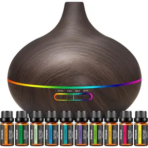 Aromatherapy Diffuser and 10 Essential Oil Set, 400ml Diffuser Ultrasonic Diffuser Cool Mist Humidifier with 4 Timers 7 Colors Light Waterless Auto Shut-off for Large Rooms Office, Dark Wood Grain