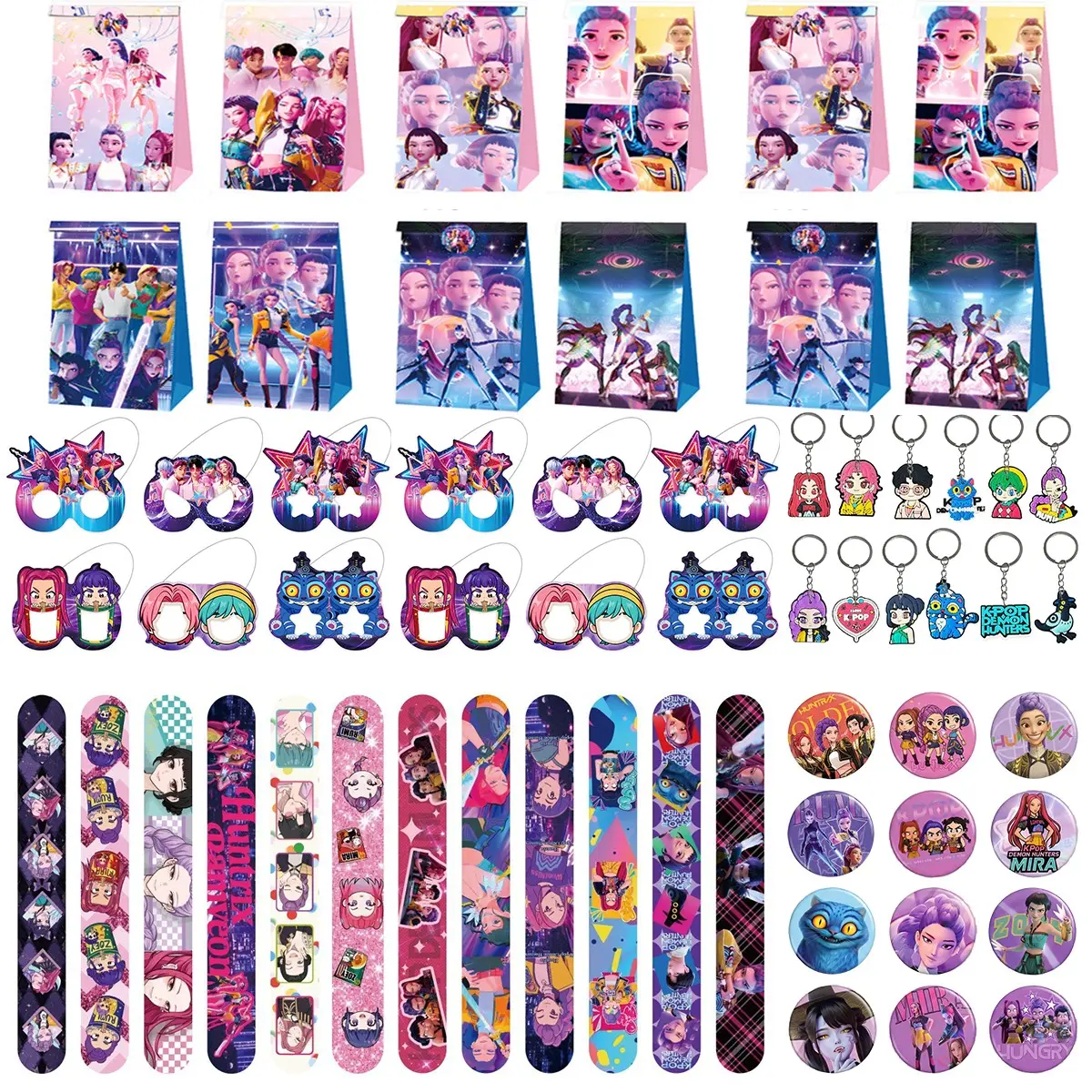 Korean cartoon girl group birthday party gift set of five items, 12 bracelets, 12 keychains, 12 gift bags, 12 badges, 12 decorative glasses, everyone has their own exclusive gift Party Favor Gifts