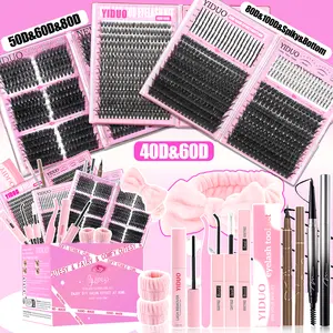 9 Styles False Eyelash Cluster Kit Bottom, Spiky, 40D, 60D, 80D Volume Lash Extensions Kit, D-Curl 1640 Pcs with Double-ended Eyebrow Pencil, Waterproof Eyeliner, Bond and Seal Kit, Eyelash Glue Extension, Headbands DIY at Home Easily