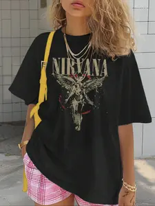Women's "Nirvana" Letter Print Round Neck Tee, Vintage Trendy Casual Streetwear Loose Baggy Short Sleeve T-shirt for Daily Wear, Ladies Summer Outfit, Top