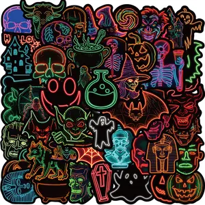 50pcs Cartoon Halloween Neon Graffiti Series Stickers, Premium Skull Stickers, Suitable for Faith Based Designs Such As Scrapbooks, Diaries, Laptops, Water Bottles, Cars, Etc., with Positive Messages As Gifts