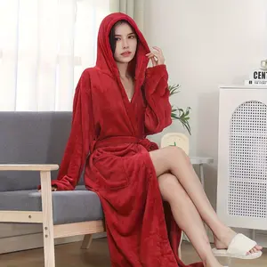 [Warm Plush Robe] Soft, Warm 1pc Women's Plush Flannel Robe |   Long Bathrobe with Hood, Vibrant Red, Perfect for Home, Bathroom, and Poolside Use, Bathrobe, Wash Cloths
