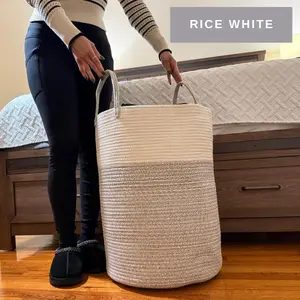 60L Slim Rope Woven Laundry Basket, Rice White Nursery Blanket Basket Living Room, Toys Organizer Basket, Dirty Clothes Hamper, Blanket Storage Basket, 19.7"H x 13.8"D