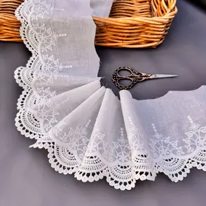 Embroidered cotton Lace trim 5,5 inches wide for Bridal, Crochet, Home Decor. Natural Off white Lace trim fabric for eyelets
