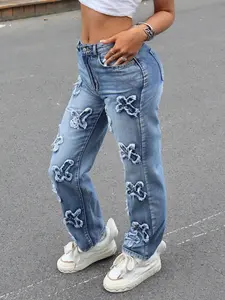Women's Casual Loose Straight Jeans with Cross Print Patch Pockets Distressed Style for Comfortable Everyday Wear Soft Cotton Blend Maxi Length Bottoms Fit Womenswear Tops Light Blue