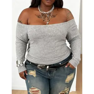 Plus Size Gray Off-Shoulder Ribbed Top, Avant-Garde Casual Style, Slim Fit Elastic Fabric, Showcasing Charming Collarbones, Suitable for Plus-Size Women for Night Outings, Casual Dates, and Streetwear GARMENTARY