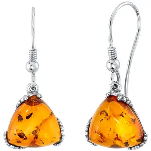 Trillion Shape Baltic Amber Fishhook Earrings Sterling Silver