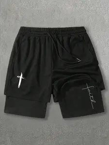 Men's Cross & Letter Print 2-in-1 Knit Drawstring Waist Shorts, Casual Regular Fit Pocket Track Shorts for Summer, Fashion Men's Bottoms for Daily Wear, Graphic Shorts