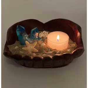 Coastal Candle Holder with Blue Crystal Quartz, Coral, Starfish, and Tea Light in Carved Wooden Hand Bowl