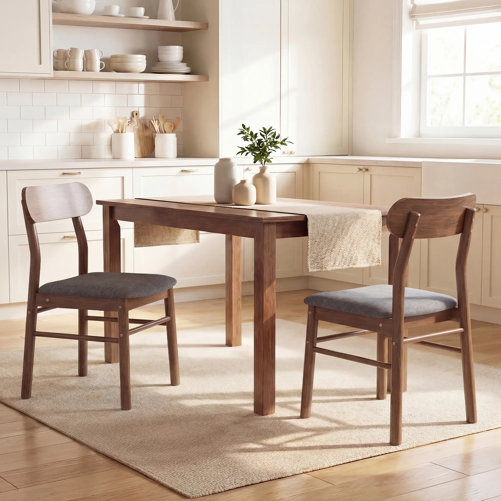 HOMCOM Dining Chairs Set of 2, Upholstered Solid Wood Kitchen Chairs, Mid-Century Modern Dining Room Chairs with Ergonomic Curved Backrest, Gray