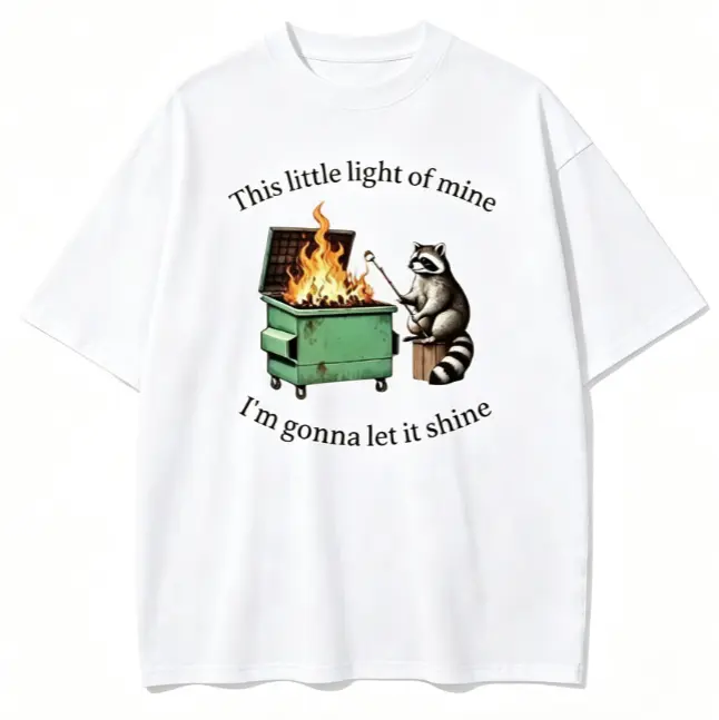 This Little Light Of Mine Dumpster Fire Raccoon Funny Faith Graphic T-Shirt, Unisex Humor Religious Casual Tee, 100% Cotton Printed Craft summervibes Casual Top, Relaxed Soft Breathable unisex summer clothing summer outfits unisex