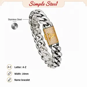 Premium 14MM Silver Two-Tone Cuban Link Bracelet Custom A-Z Initial Clasp 5A CZ Heavy Stainless Steel Men's Accessories Waterproof Tarnish Resistant Anti-Fade Hip Hop Bling Streetwear Luxury Jewelry for Men Women Perfect Gift