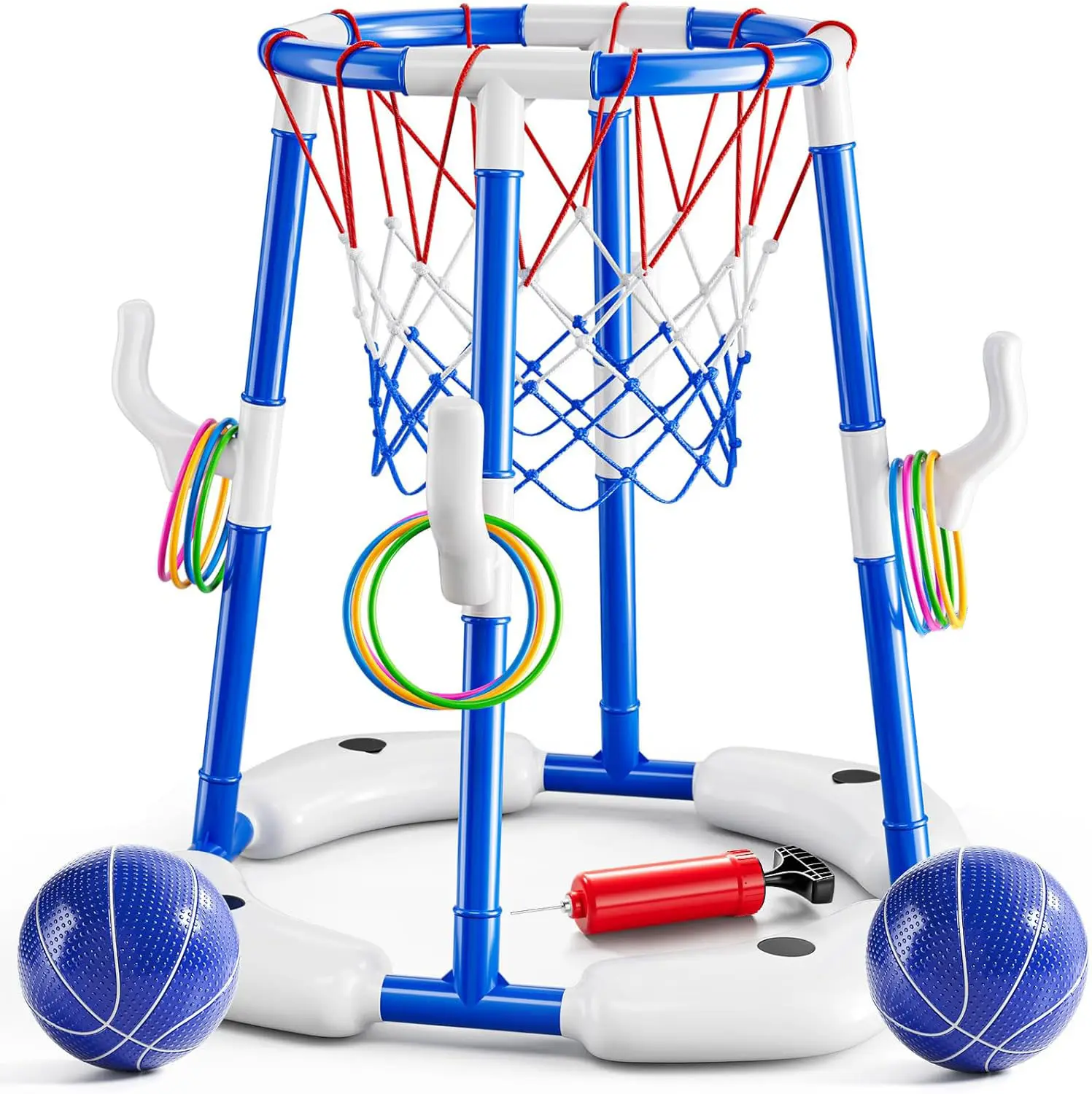 Pool Basketball Hoop, 2-in-1 Pool Basketball Hoop & Ring Games with 2 Balls 12 Rings and Pump, Outdoor Family Party Water Swimming Pool Basketball Float Toys