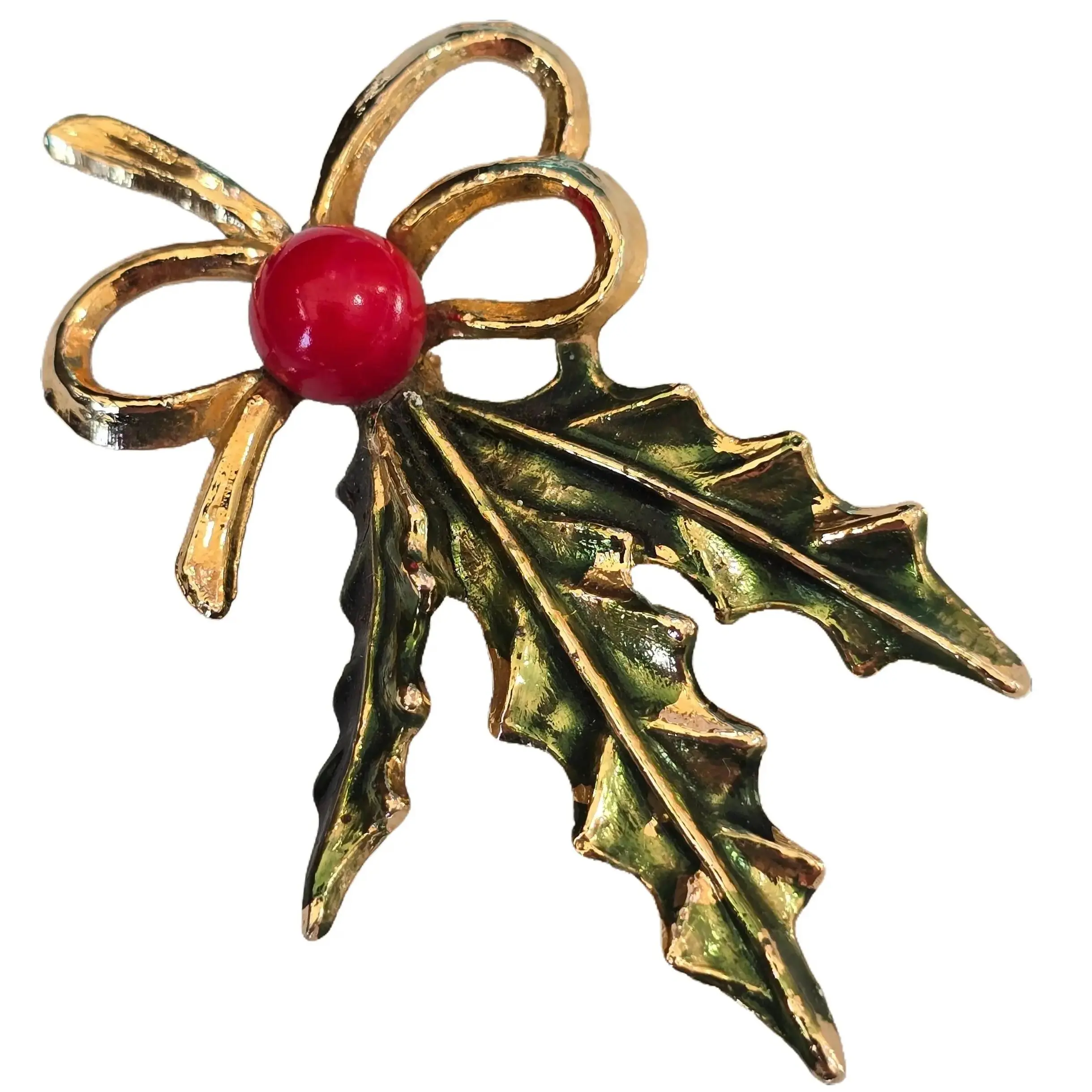 Vintage Mid-Century Gold Tone Holly Leaf & Berry Enameled Christmas Brooch Pin