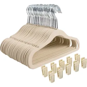 Nonslip clothes hanger for baby and kids 30pack velvet hangers with 10 finger clipsbeige