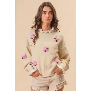 BiBi Ruffled Crochet Flower Dropped Shoulder Sweater