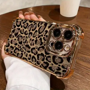 SY High-end Shiny Brown Leopard Print Four-Corner Shockproof Phone Case Suitable for Apple iPhone 14/15/16/13/12/11 Pro Max,14/15/16 Plus,XR,XS,X – Perfect Gift for All Seasons
