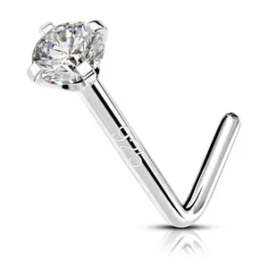 925 Sterling Silver Nose Stud, Bone L Screw Shaped Nose Rings, 20G Nostril Solid 2mm Round CZ Nose Piercing Jewelry for Women Men