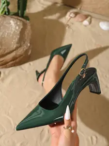 Summer Women's Patent Leather Pointed Toe Pearl Decor Slingback Chunky High Heel Open Back Sandals, Elegant Versatile Heels for Work Interview Date Wedding Party Daily Wear