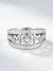 Mom Heart Shaped Ring with Sparkling Zircon, Engraved Mom Letter, Perfect Mother's Day Gift, Symbolic Love Jewelry for Mom