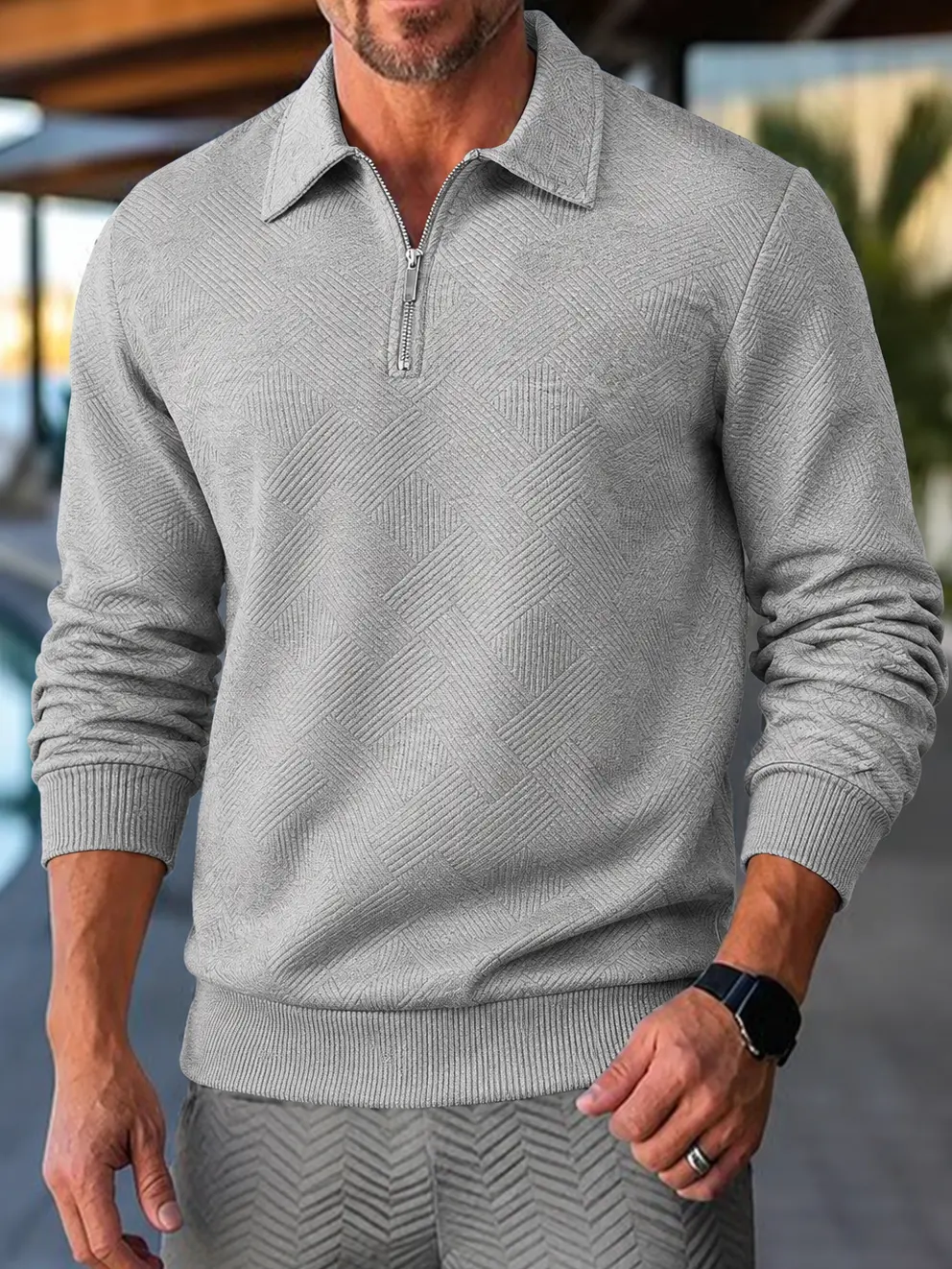 Men's Quarter-Zip Sweater, Casual Fitted Jacquard Knit Top with a Polo Collar for Golf & Daily Wear, Menswear, Knitwear, Plain