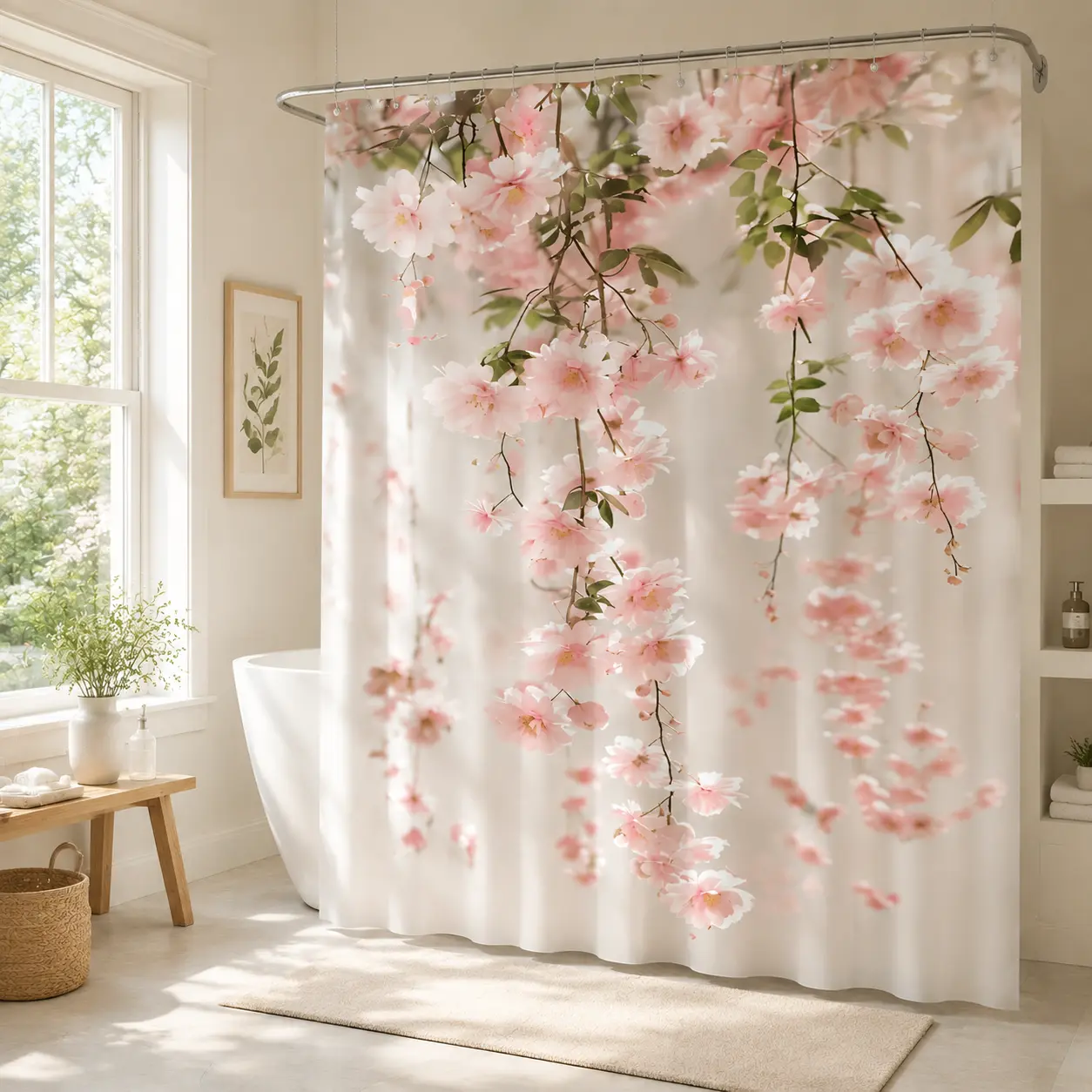 Waterproof Floral Shower Curtain (71x71in/180x180cm) with Easy Installation Hooks, Bathroom Decor Accessory, Shower Curtains