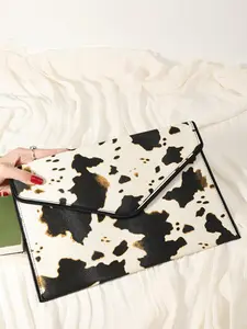 Fashionable Cow Print PU Leather Envelope Clutch, Large Capacity Multi-functional Outdoor Storage Bag, Coin and Phone Metal Snap Bag