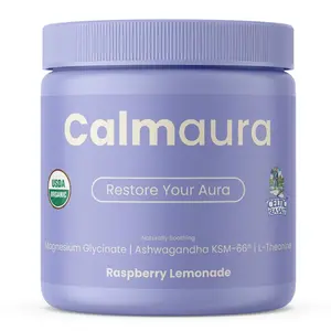 Calmaura Organic Drink Mix w/ Celtic Sea SaltⓇ  – Magnesium Glycinate, Ashwagandha (KSM-66), L-Theanine & Vitamin D3 – Stress Relief & Relaxation – Raspberry Lemon, 30 Servings