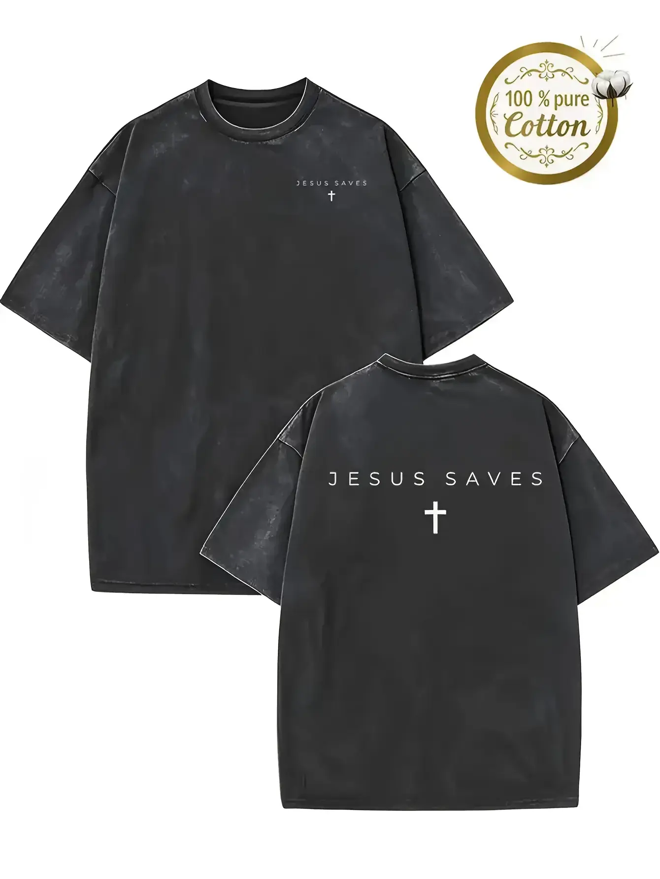 Men's Graphic T-Shirt, Vintage Washed Jesus Cross Design, 230 GSM Heavyweight Cotton, Oversized Loose-Fit Short Sleeve Crewneck Religious Apparel, Shortsleeve, Menswear, Round Neck, Sportswear, Activewear