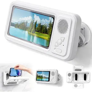 Shower Phone Holder with Speaker, Waterproof Wall Mounted Shower Phone Case for Bathroom, Touch Screen Anti-Fog Phone Holder with Bluetooth Speaker