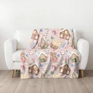 Gingerbread Christmas Pink Velveteen Plush Throw Blanket, Winter Holiday Seasonal Home Decor Accessories, Gingerbread House Candy Girls Gift
