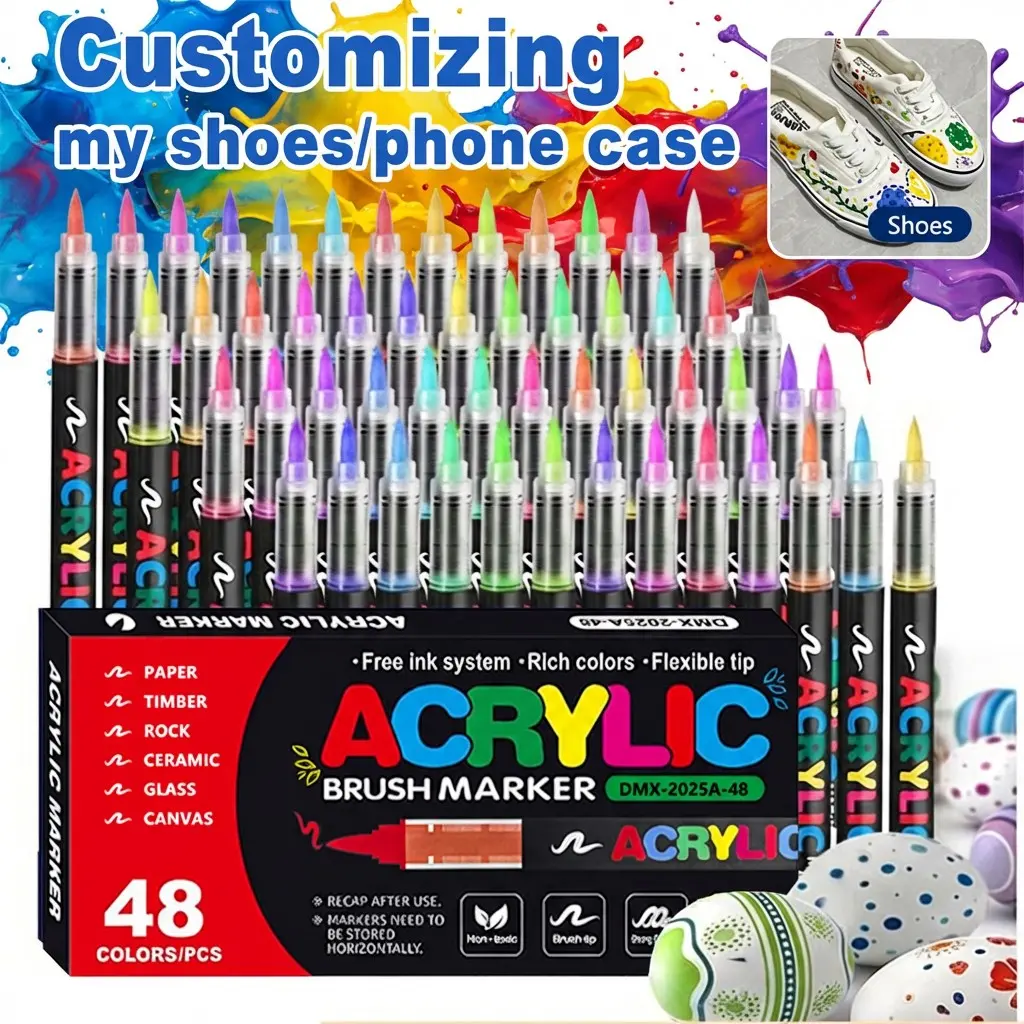 Acrylic Markers 12-72 Colors Acrylic Paint Pens Markers Brush Tip Paint Markers for Rock Painting Wood Canvas Stone Christmas Gift DIY Crafts Customizing my shoes/phone case Art Marker Set