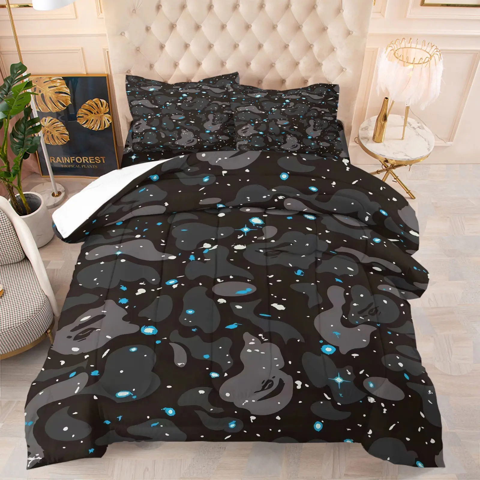 Night Sky Camouflage Comforter Set - Durable Material Comfy Bed Sets, 1 Quilt + 1/2 Pillowcases, 3D Printed Starry Camo Soft Warm Bedding for Kids Teens, Perfect Urban Bedroom Decor, Twin/Full/Queen Sizes