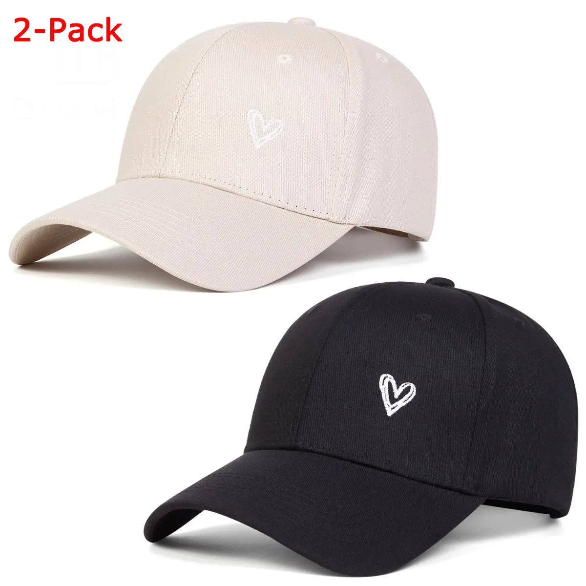 Unisex 2-Pack Love Heart Embroidered Cotton Baseball Cap - Adjustable, UV Blocking, 6.69-Inch Curved Brim All Seasons Sports Hat for Outdoor Travel, Leisure (Cotton Hat), Adjustable Streetwear Hat, Cotton Casual Hat