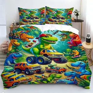 2/3Pcs Cartoon Dinosaur Print Bed Cover Set, Soft and Comfortable Cartoon Printed Bedding Set (Without Pillow Core), Hidden Zipper Design, All-Season Use, Ideal for Creating a Fun and Playful Bedroom Decor