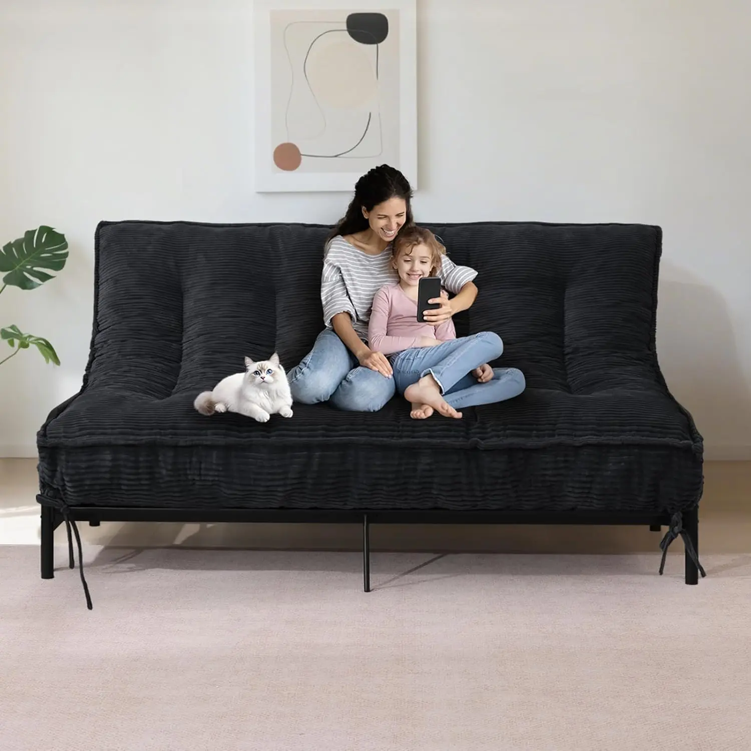 NLDD 8" Futon Mattress Queen/Full Size, Thick Futon Sofa Couch Bed, Shredded Foam Filling, Medium Firm, Corduroy Fabric, Roll Up Folding, Floor Mattress for Adults