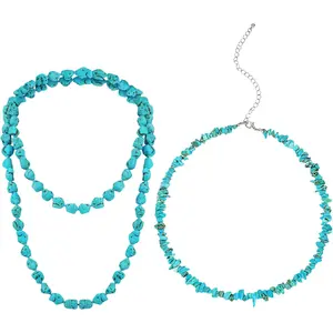 2 Pieces Long Turquoise Beads Endless Necklace Turquoise Choker Necklace Boho Western Necklaces for Women Handmade Turquoise Jewelry, 47'' and 14''