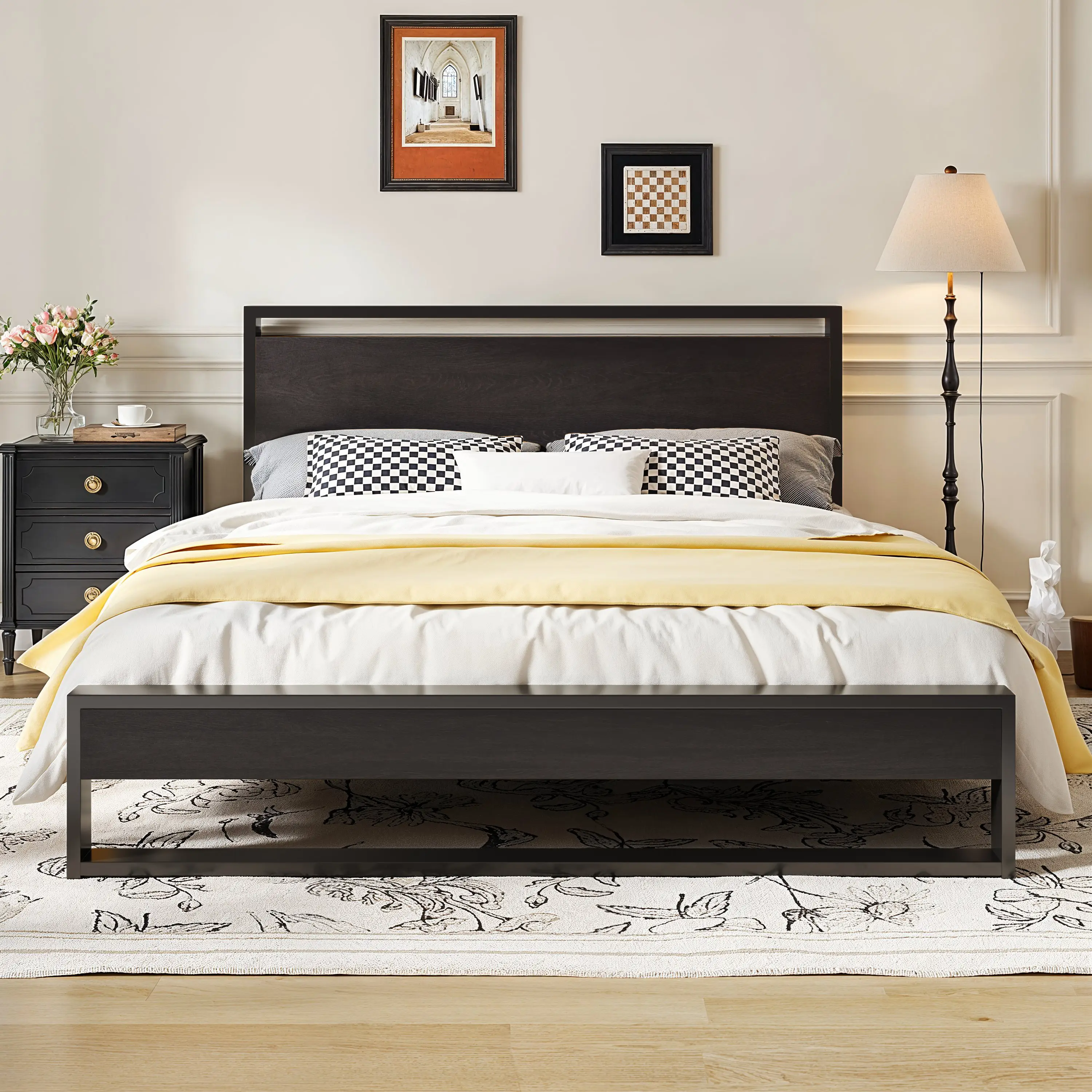 HOOMIC Metal Bed Frame with Rustic Headboard & Footboard, Sturdy Design【Frame Only No Mattress】, No Box Spring Required, Vintage Brown Finish, Space-S