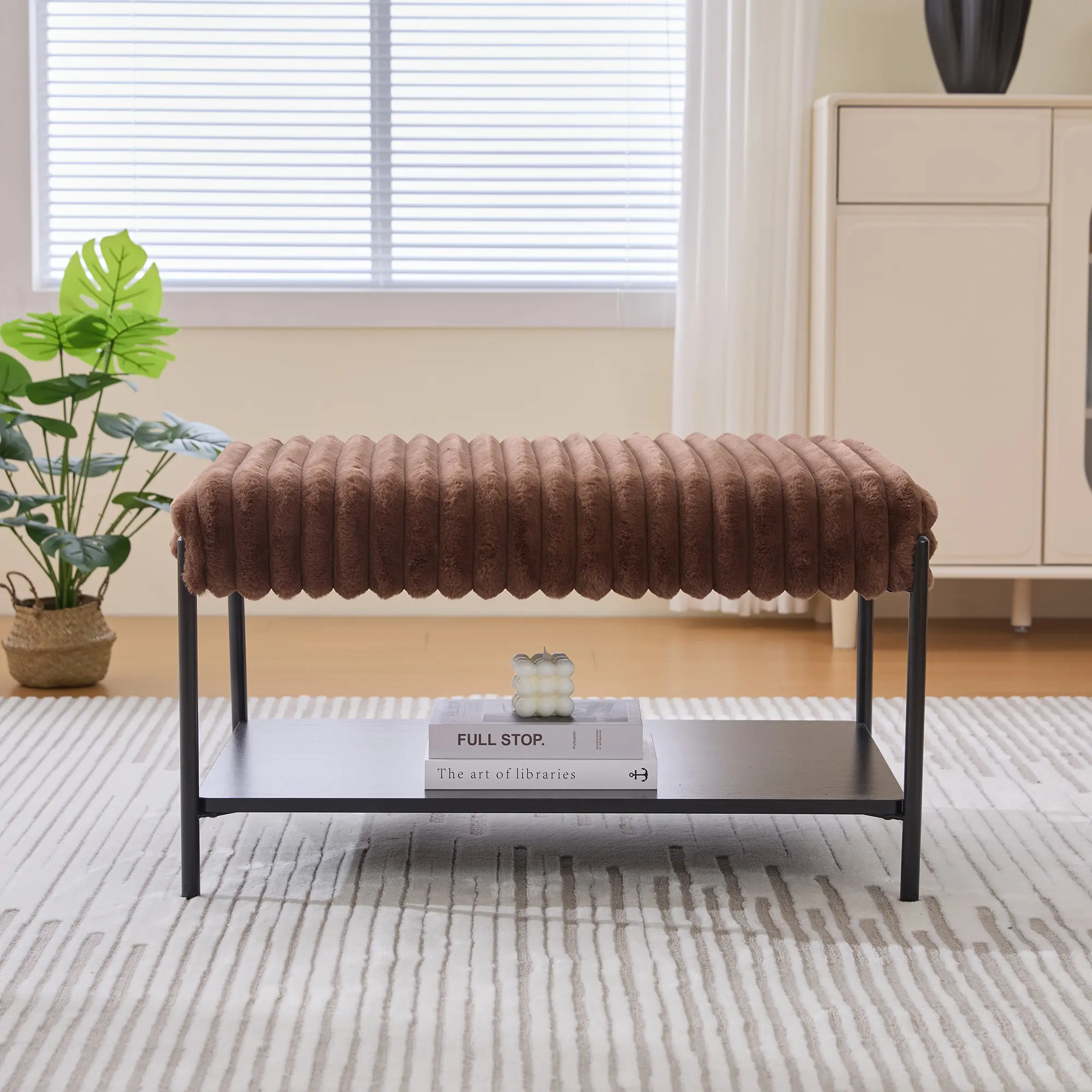 Faux Fur Upholstered Ottoman with Storage Shelf and Metal Legs, Brown Footstool for Living Room, Bedroom, Entryway, 30.7" Wide