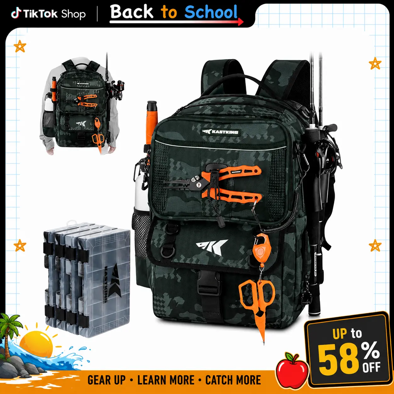 [Back to School Gift] KastKing BaitSpace 50L Fishing Tackle Backpack with Removable Bait Binder & 4 Tackle Boxes Rod Holders Storage Gear Camo Design SummerVibes Summer Survivals ,dealsforyoudays