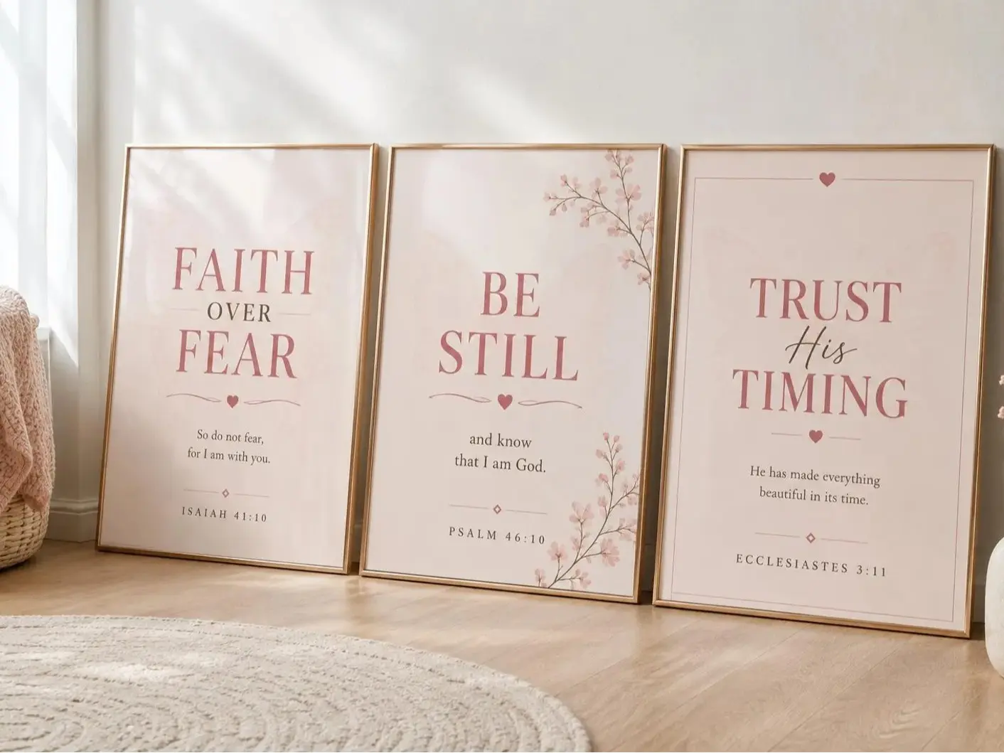 Christian Poster Unframed Set of 3, Faith Over Fear Prints, Be Still Scripture Art, Trust His Timing, Pink Christian Decor, Printable Wall Art