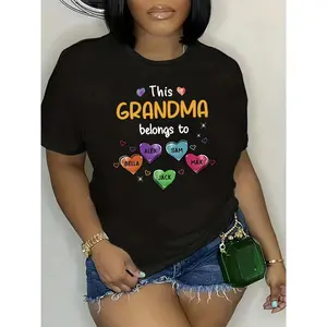 180g Black Cotton Crewneck Short Sleeve "This Grandma Belongs To" Personalized Heart Print T-Shirt for Women - Custom Family Names Tee Ideal Gift, Stylish Grandchildren Love Shirt, Comfortable Graphic Casual Top