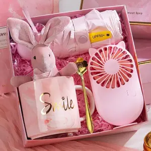 Smile & Shine Premium Gift Box Set - Pink Marble Ceramic Mug, Soft Rabbit Plush, Gold Stirring Spoon, Mini Fan & UPF50+ Umbrella for Birthday & Thank-You Gifts