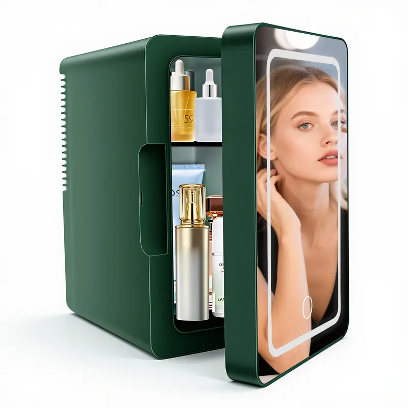 iceBLUE Mini Skincare Fridge (6 Liter/8 Cans) with Dimmable LED Light Mirror, Cooler and Warmer for Refrigerating Make Up, Skin Care and Food, Portable Personal  Fridge for Bedroom, Office and Car, Green skincare mini  brands  fridge Beauty Refrigerator