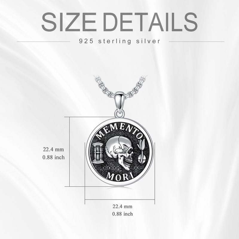 MEIDERBO Jewelry Memento Mori Necklace 925 Sterling Silver Gothic Skull Pendant Stoicism Jewelry Gifts for Men Women 22+2 Inch Chain